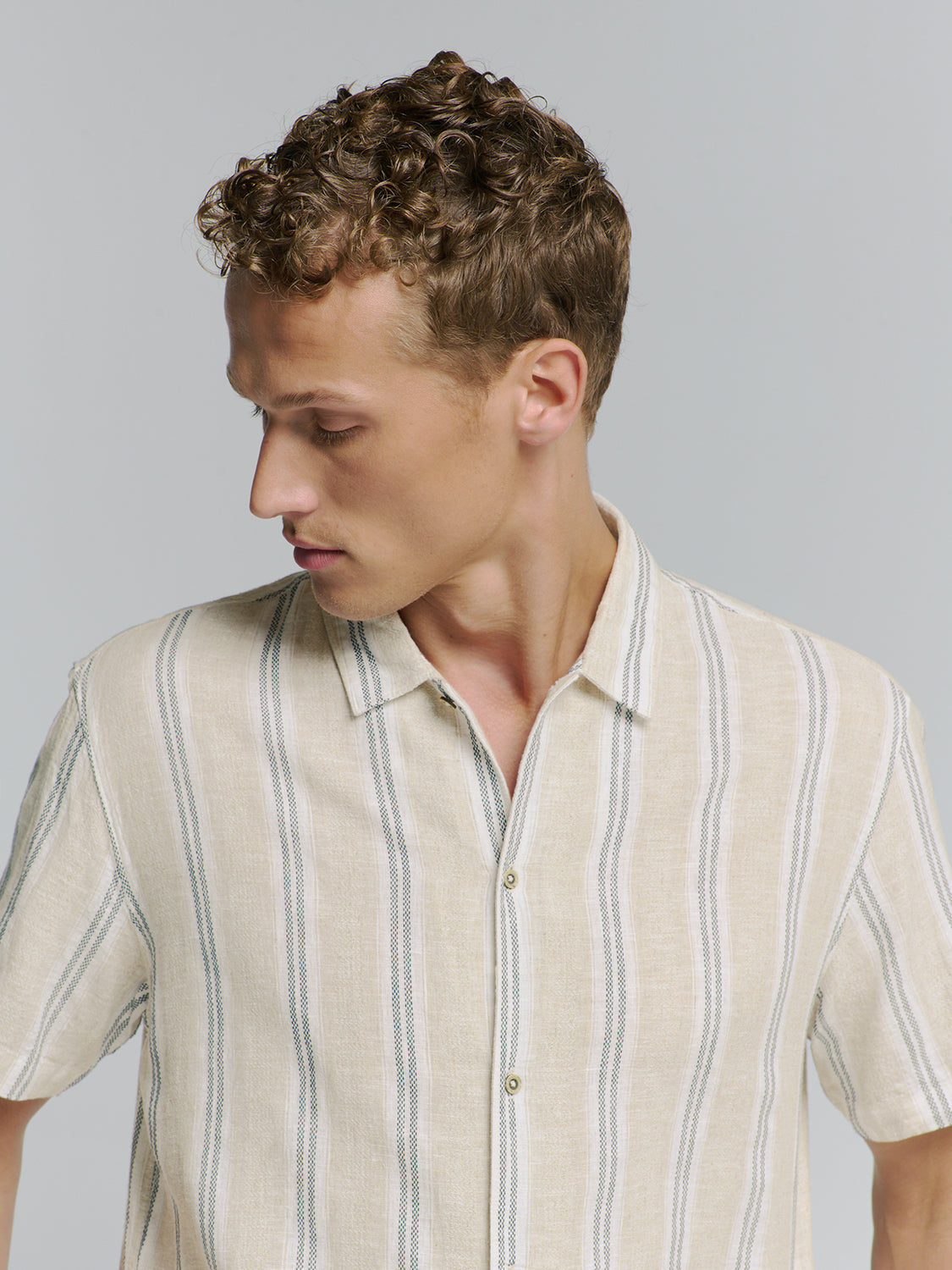 Shirt Short Sleeve Dobby Vertical Stripe With Linen