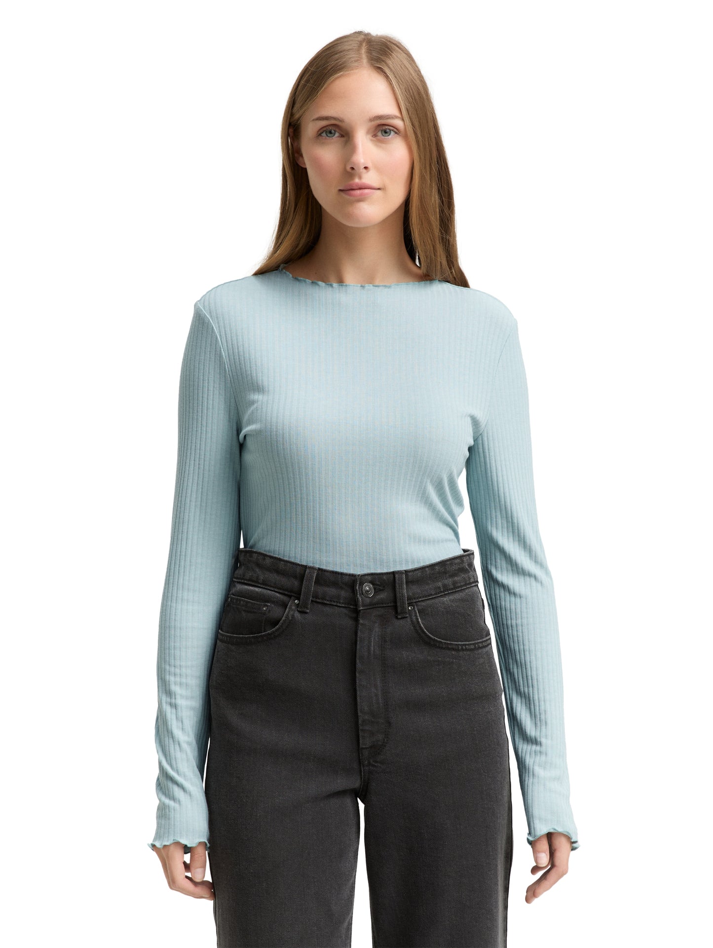 Ripp Langarmshirt mit Stehkragen