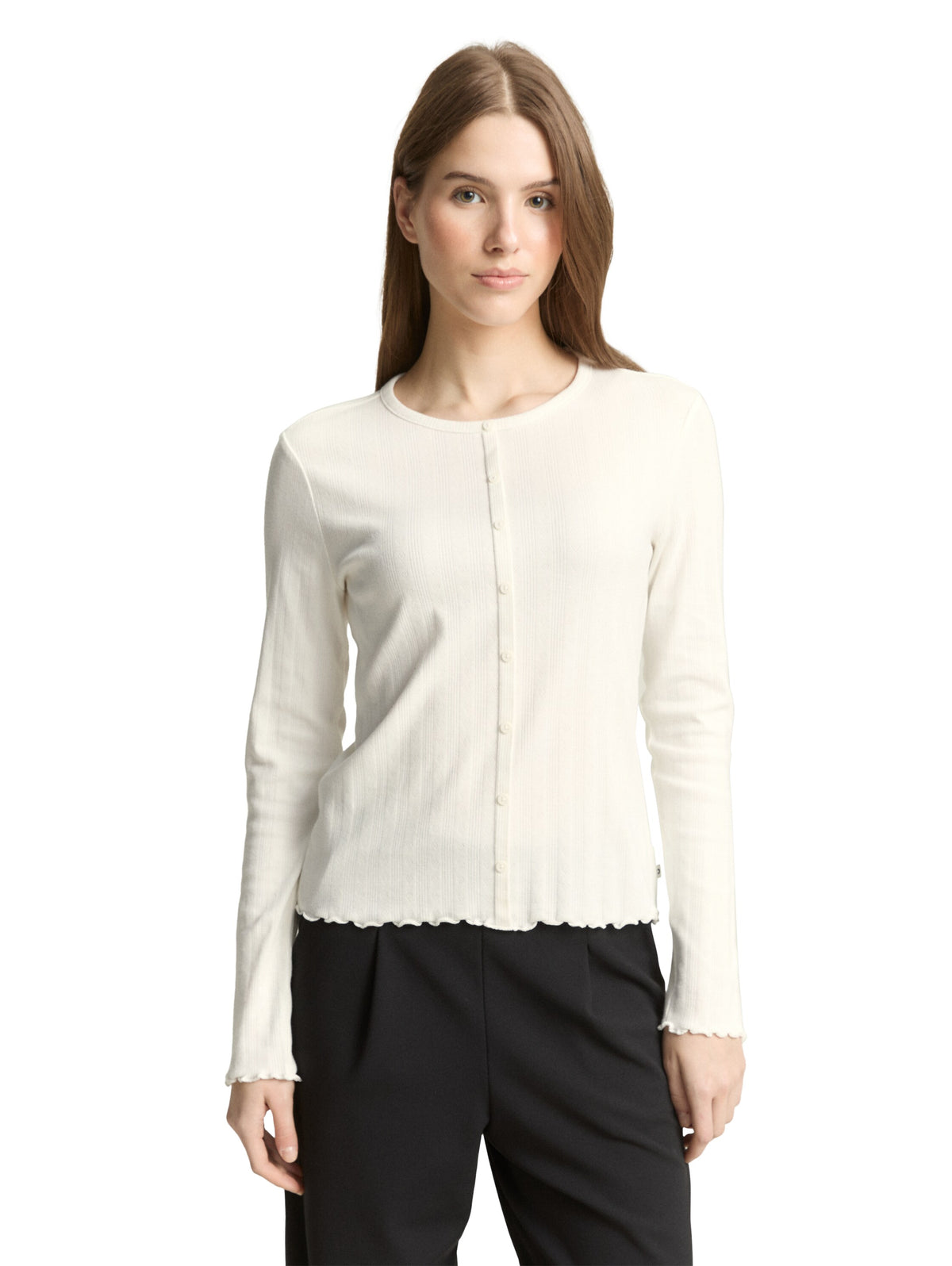 Pointelle Langarmshirt mit Deko-Knopfleiste