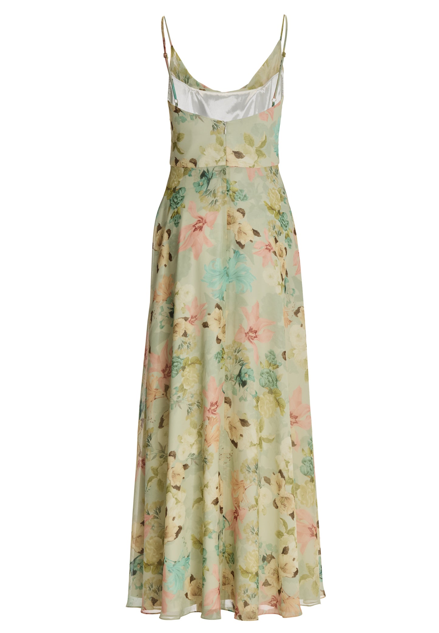 Abendkleid aus floral bedrucktem Chiffon mit Wasserfall-Ausschnitt und Beinschlitz