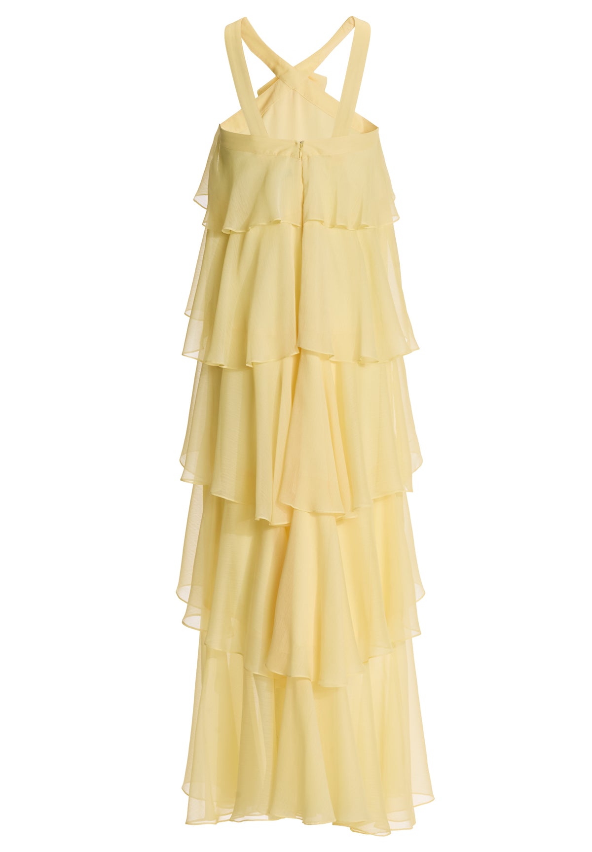 Abendkleid aus Crinkle Chiffon mit gestuften Volants und Stoffblüte