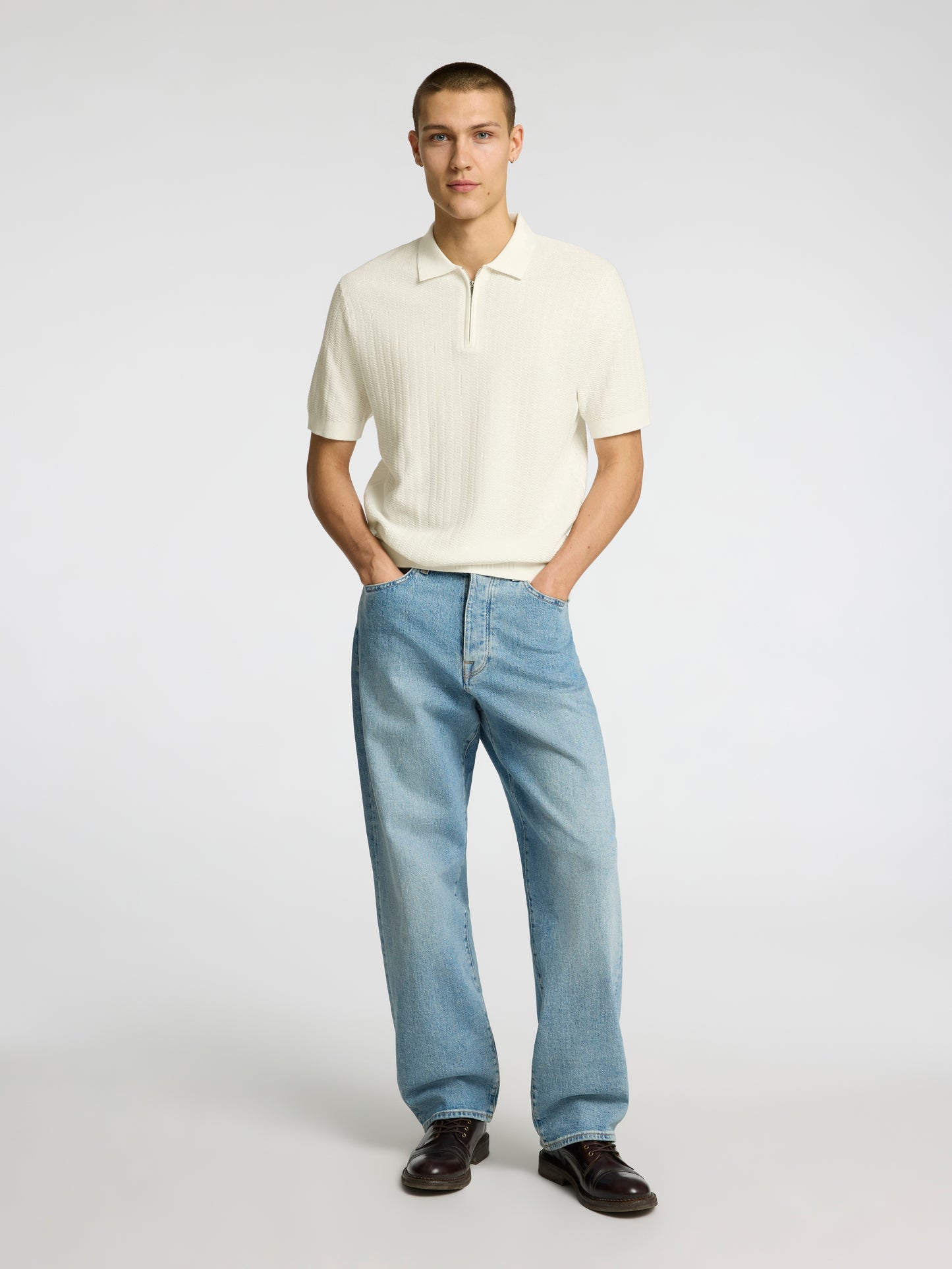 SLHCRAN SS KNIT STRUCTURE HALF ZIP POLO