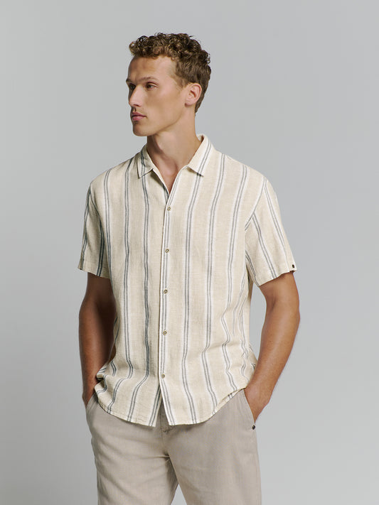 Shirt Short Sleeve Dobby Vertical Stripe With Linen