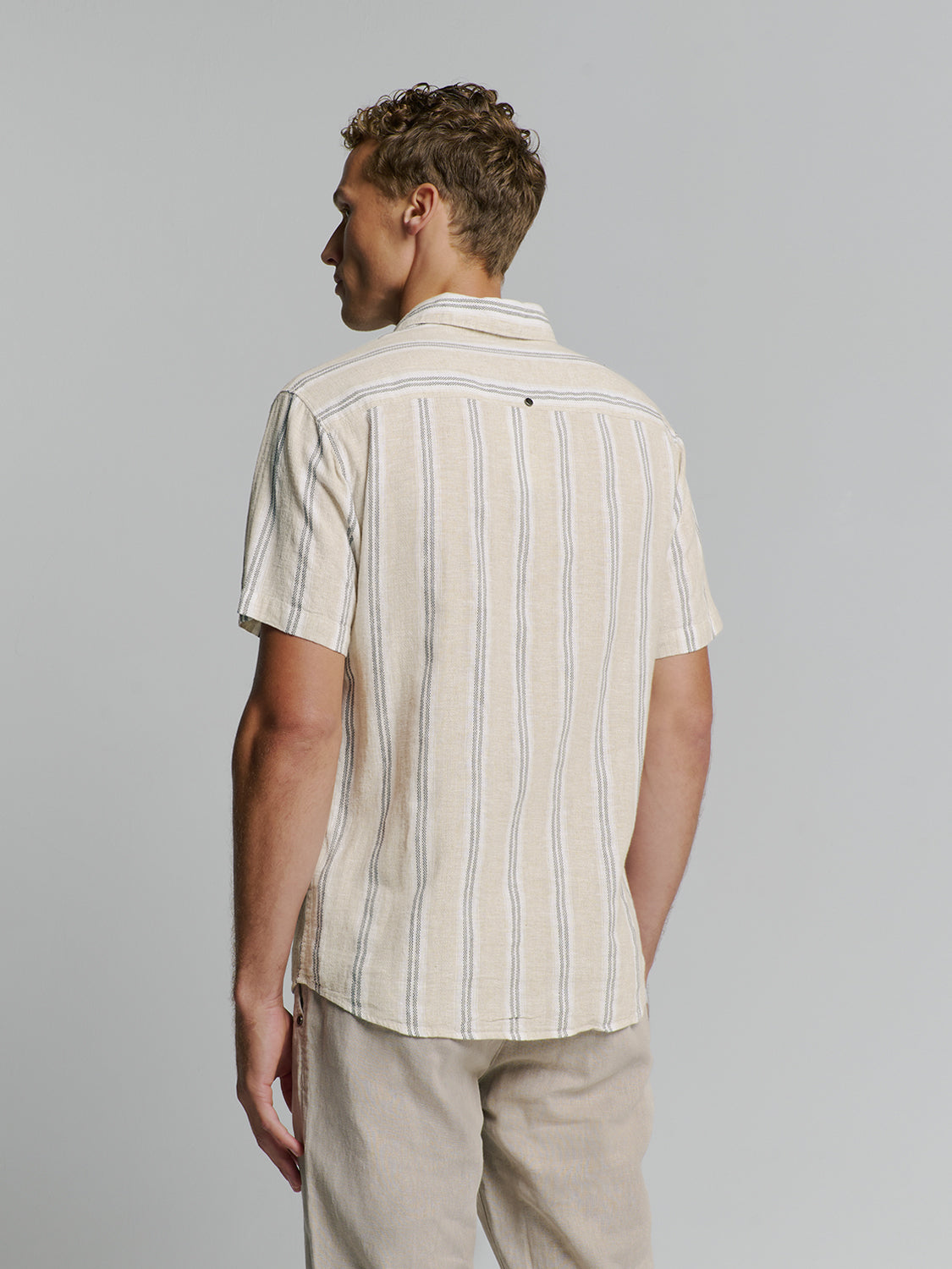 Shirt Short Sleeve Dobby Vertical Stripe With Linen