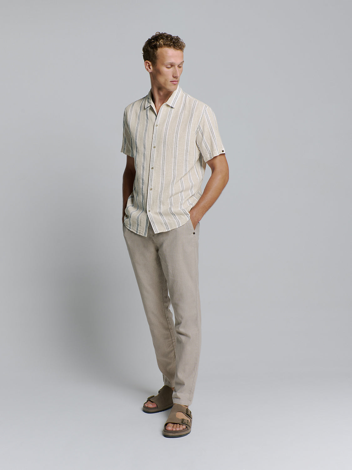 Shirt Short Sleeve Dobby Vertical Stripe With Linen