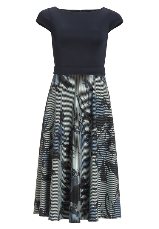 Midi Kleid aus bedrucktem Ottoman mit Scuba Oberteil