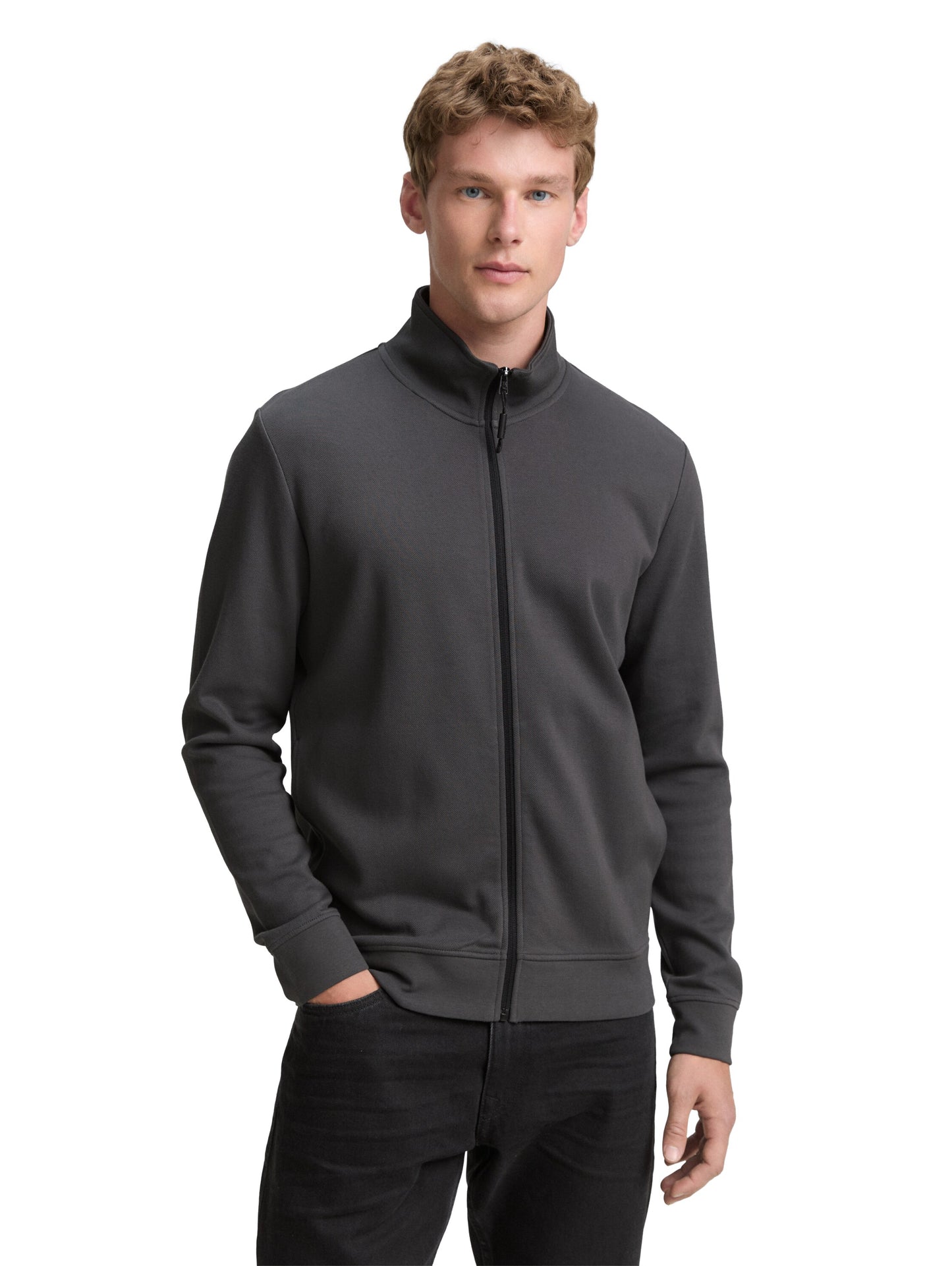 Piqué Sweatjacke mit Stehkragen