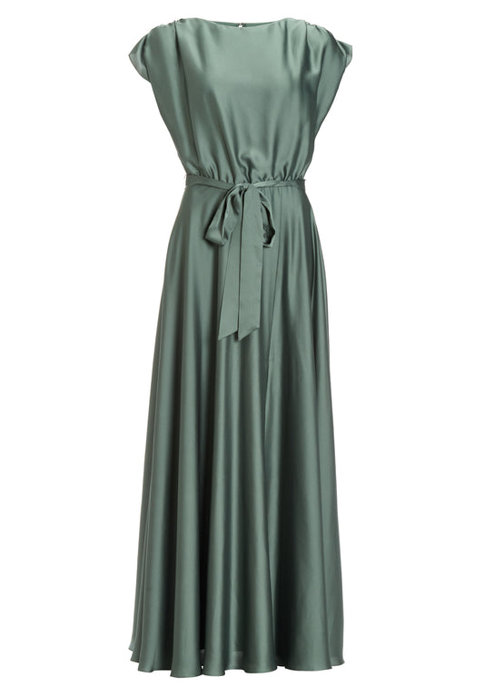 Abendkleid aus nachhaltigem Satin mit blusigem Oberteil und Bindeband