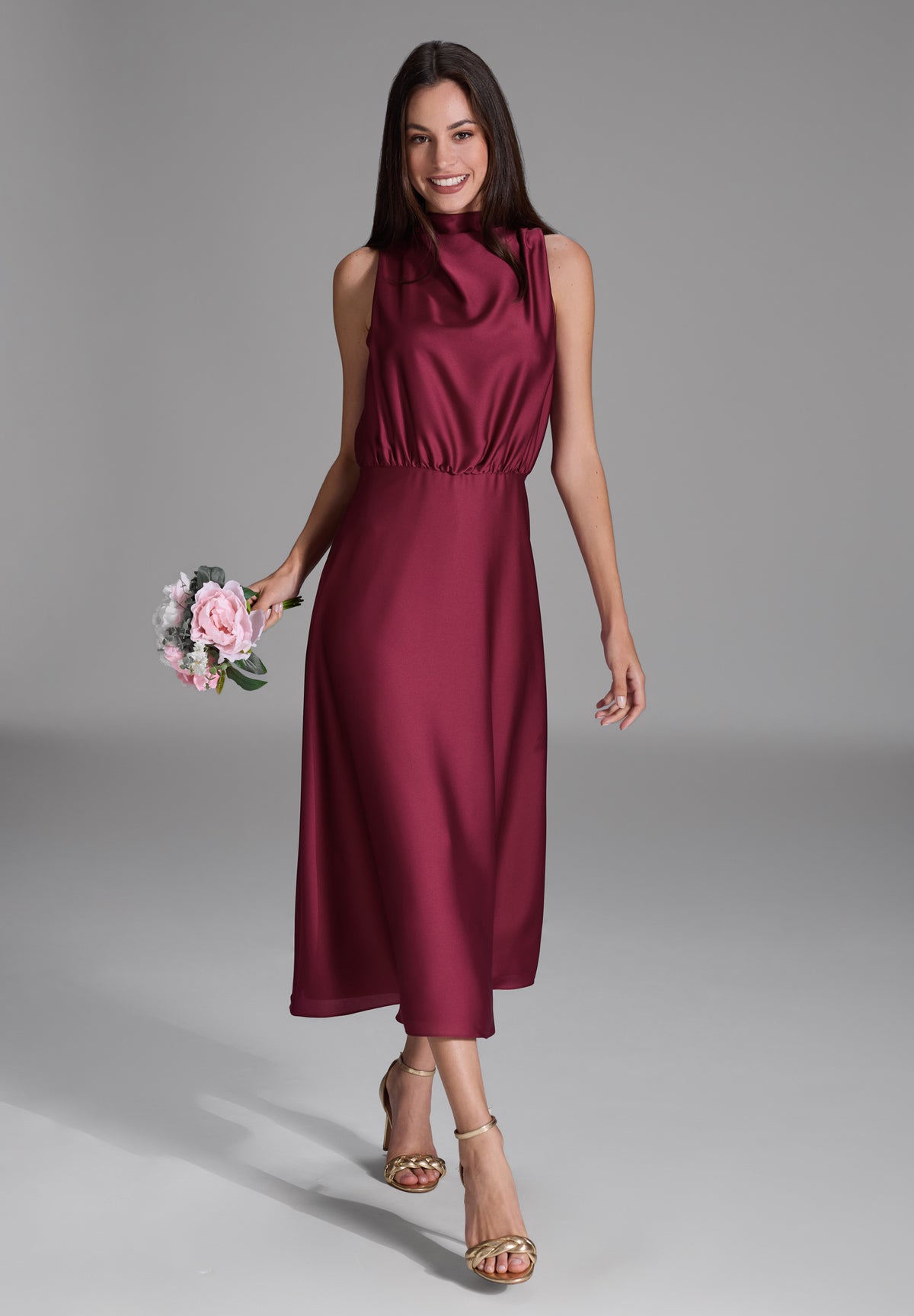 Midi Kleid aus Satin mit Drapierung am Kragen