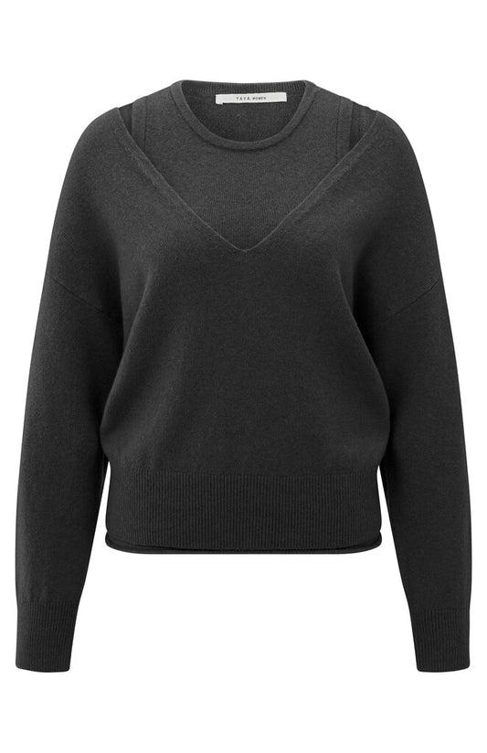 Deep v-neck sweater with top, OYSTER BLACK MELANGE