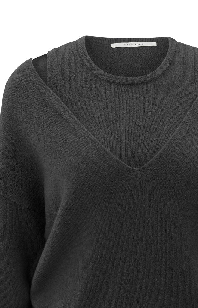 Deep v-neck sweater with top, OYSTER BLACK MELANGE