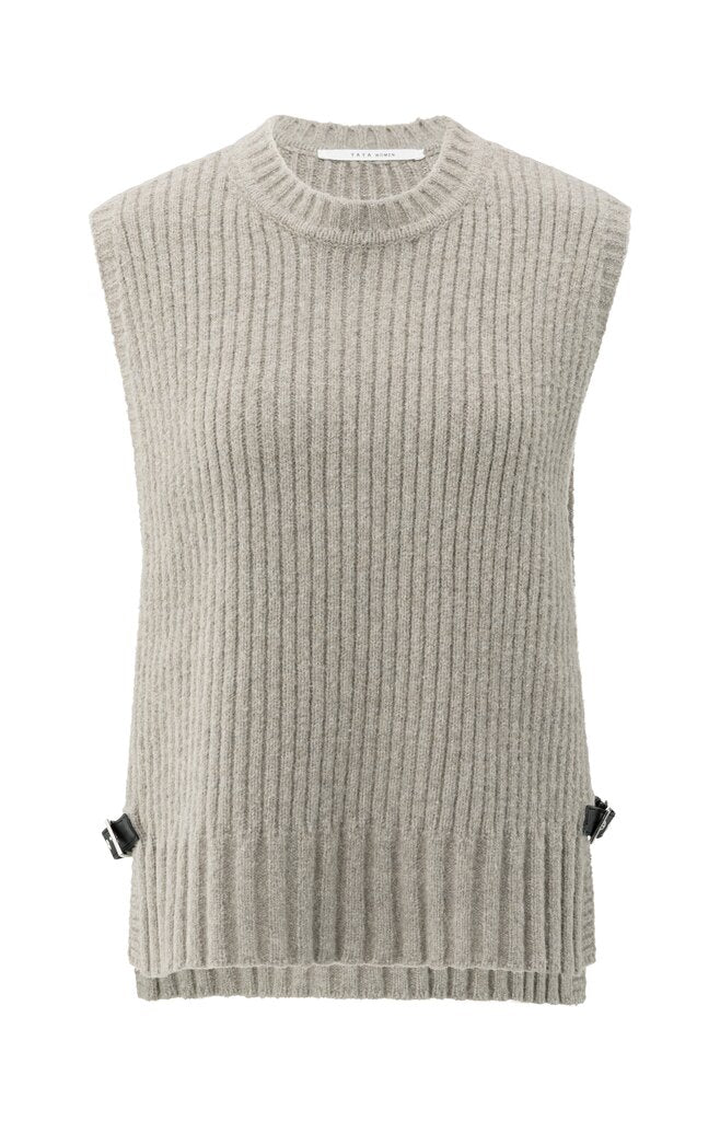 Rib stitch spencer with detail, BROWNISH GREY MELANGE