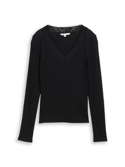 Slim Fit Langarmshirt mit Spitzen-Detail