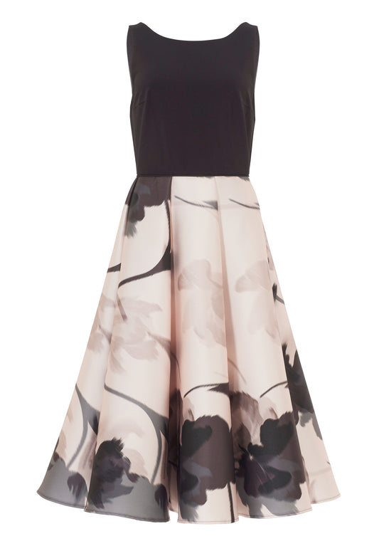 Cocktail Kleid aus bedrucktem Twill mit Scuba Oberteil