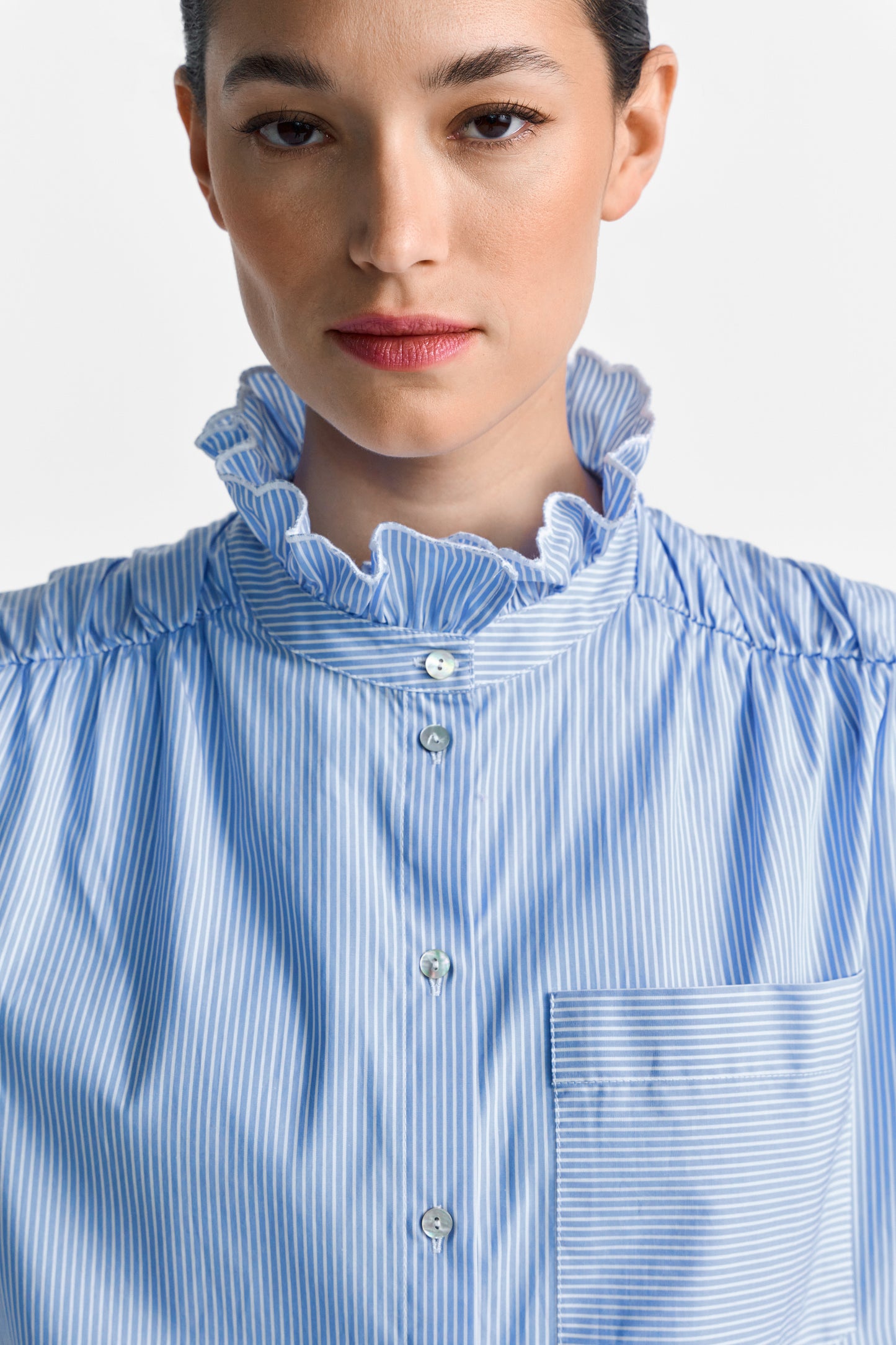 Cotton Striped Blouse with Ruffle