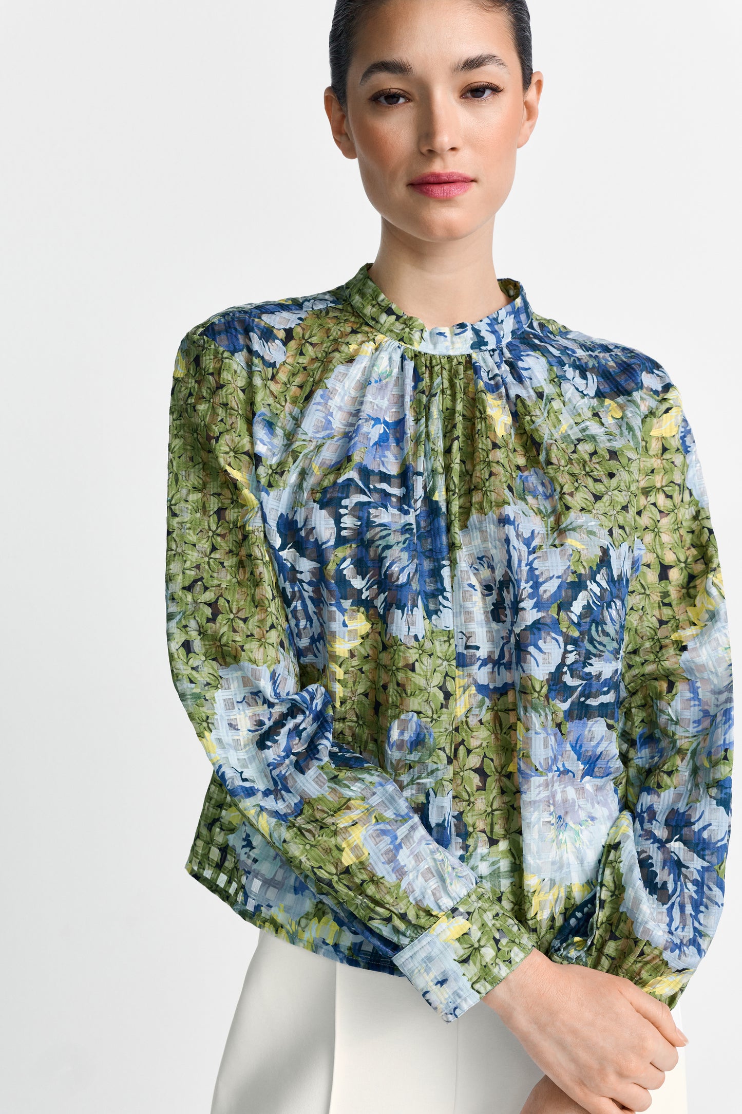 Printed Blouse with Collar Stand