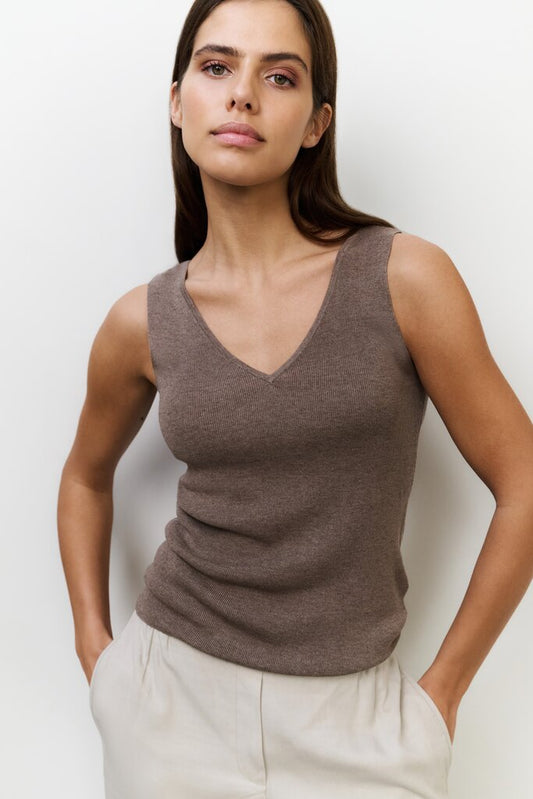 Fein geripptes Strick-Tanktop, GREYISH BROWN MELANGE