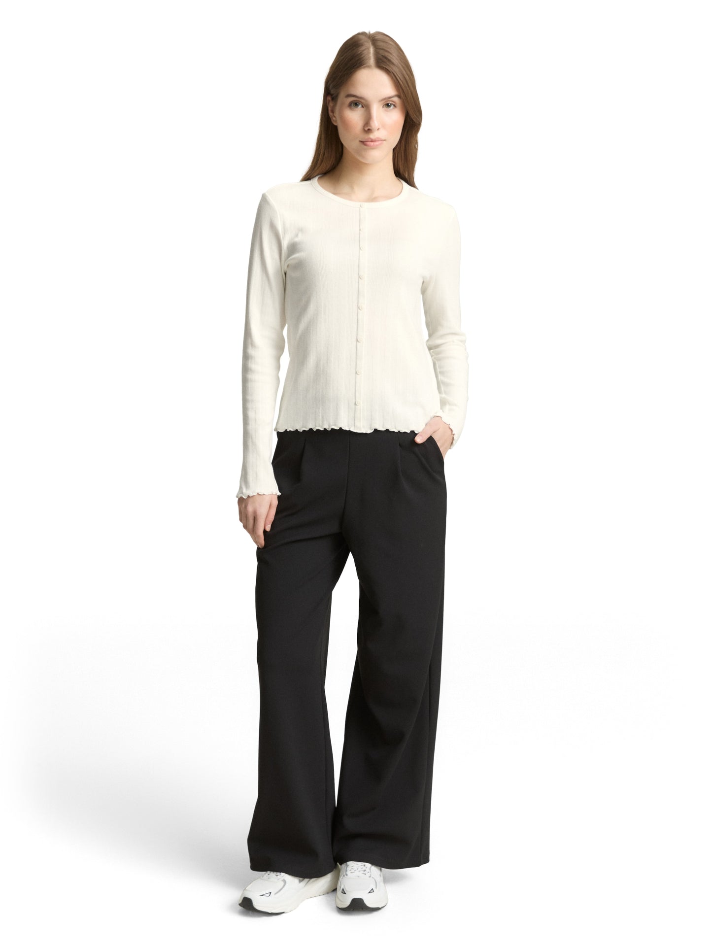 Pointelle Langarmshirt mit Deko-Knopfleiste