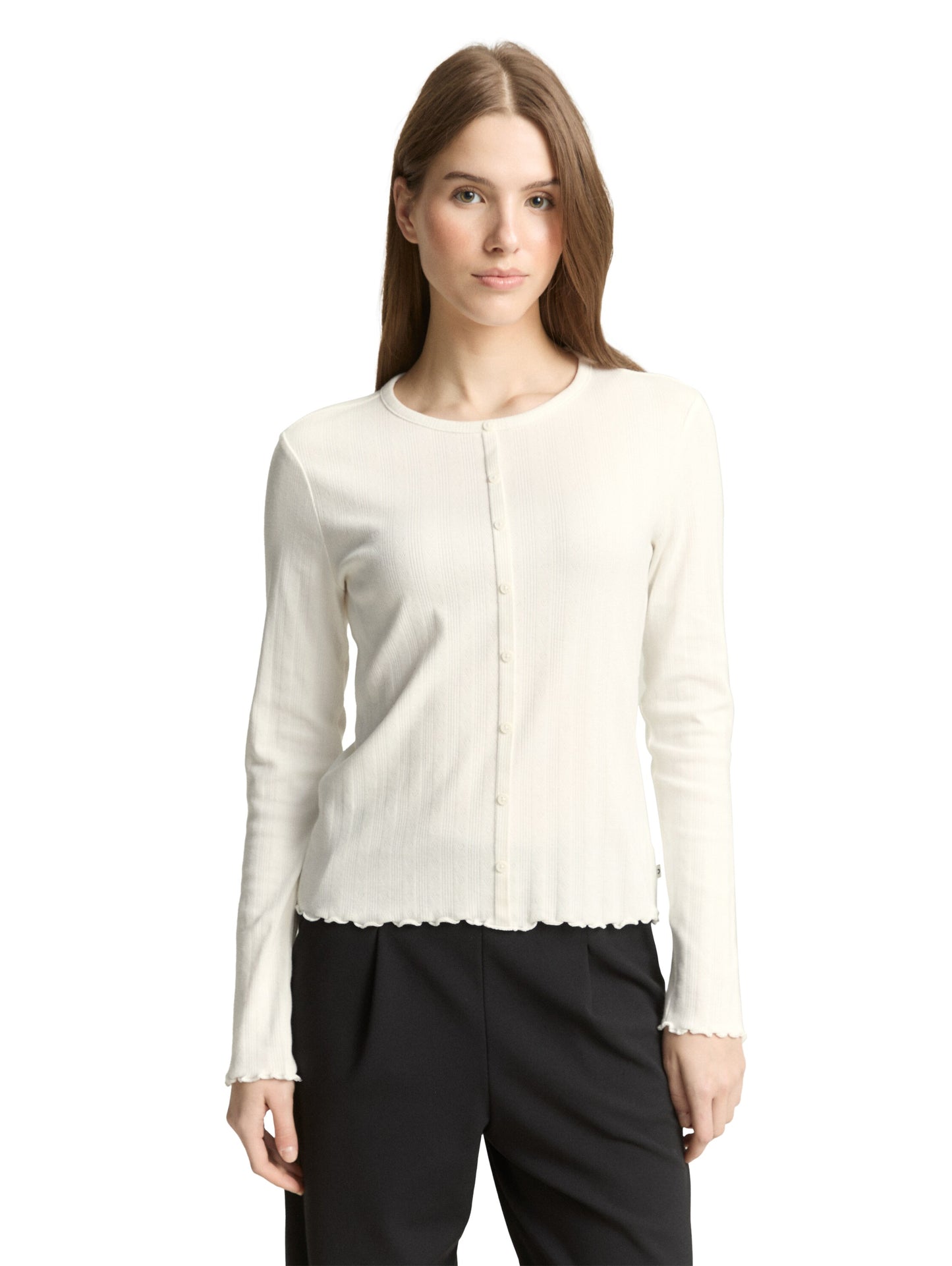 Pointelle Langarmshirt mit Deko-Knopfleiste