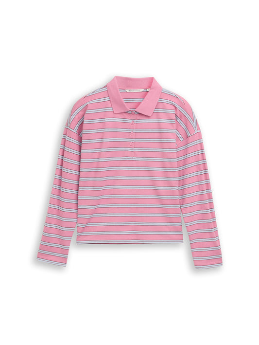 Boxy Fit Langarm Poloshirt mit Streifenmuster