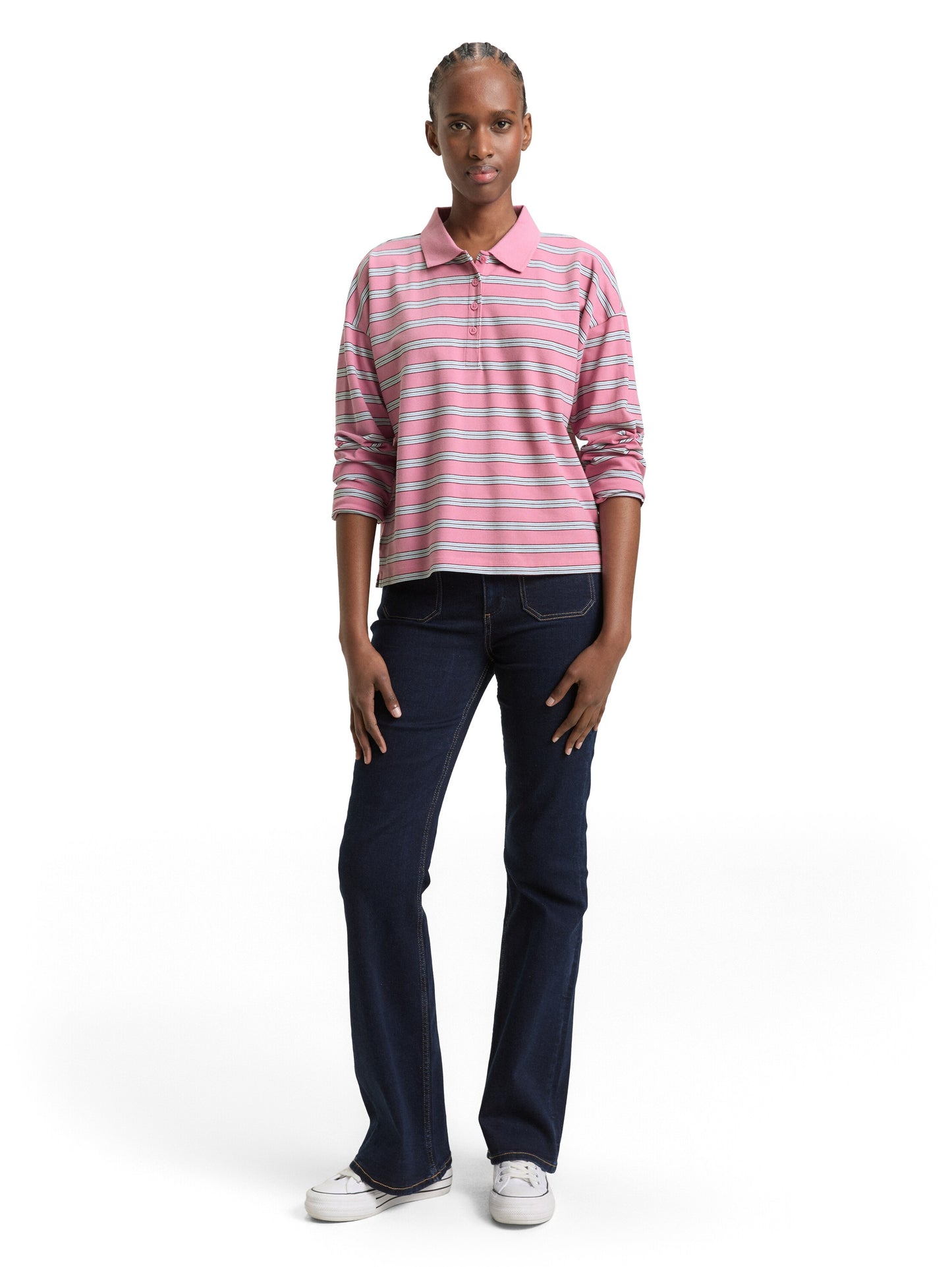 Boxy Fit Langarm Poloshirt mit Streifenmuster