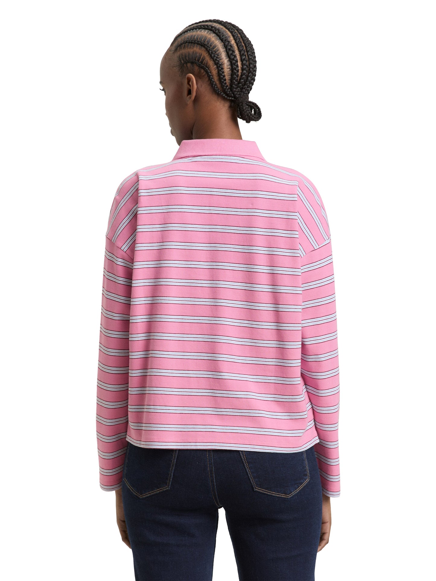 Boxy Fit Langarm Poloshirt mit Streifenmuster