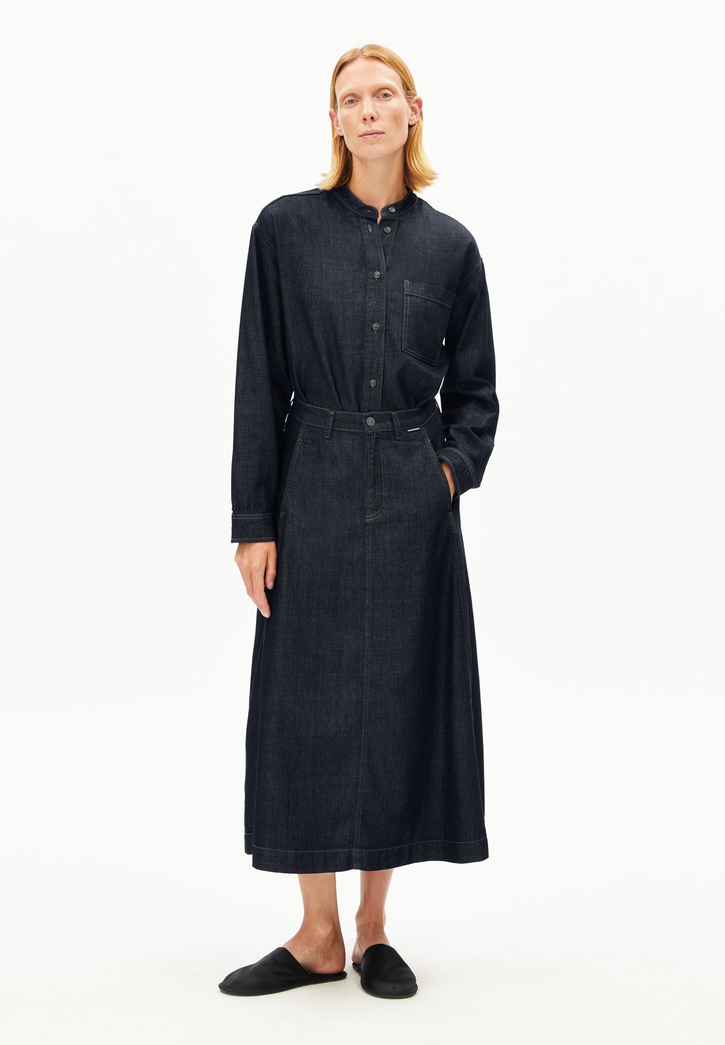 PANELLED DENIM MIDI SKIRT