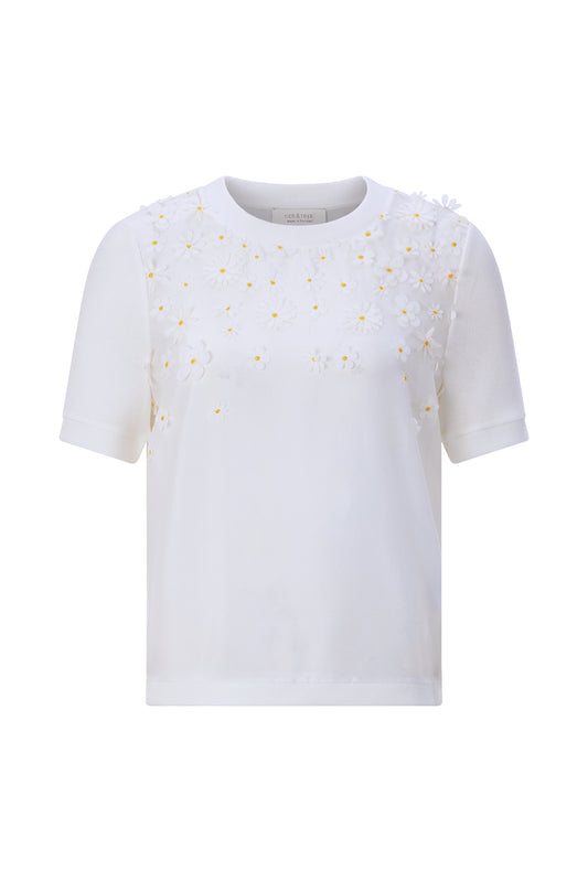 Knit Mat Mix T-Shirt with Flower Application