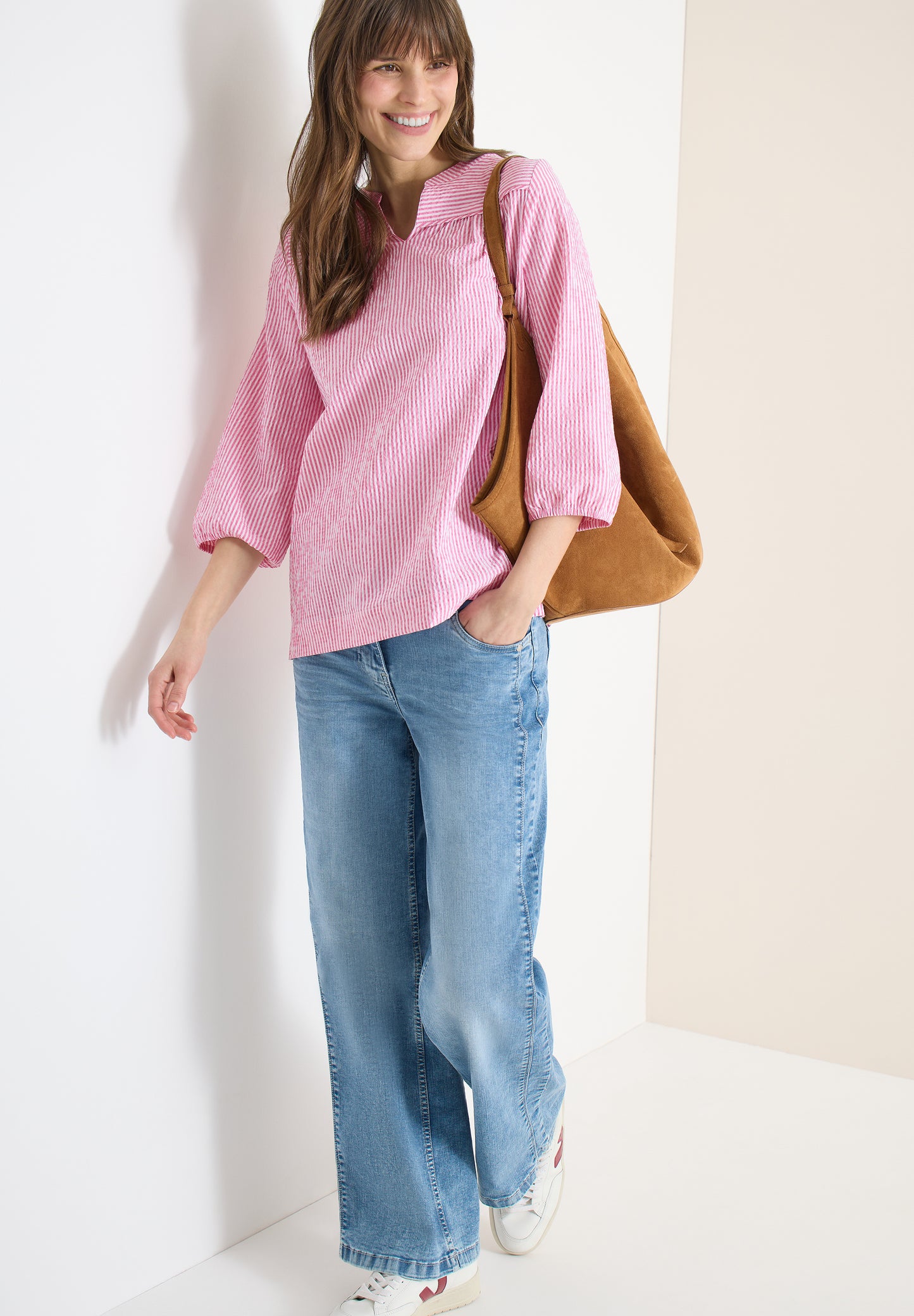 3/4-Arm Bluse in Seersucker Qualität
