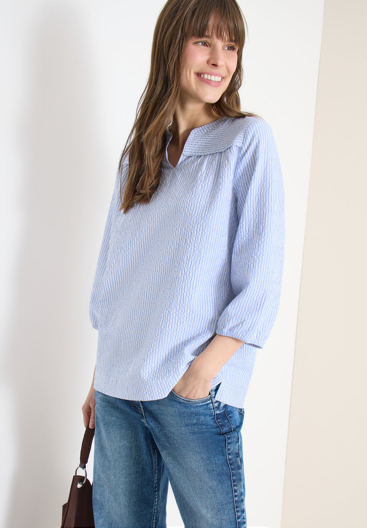 3/4-Arm Bluse in Seersucker Qualität