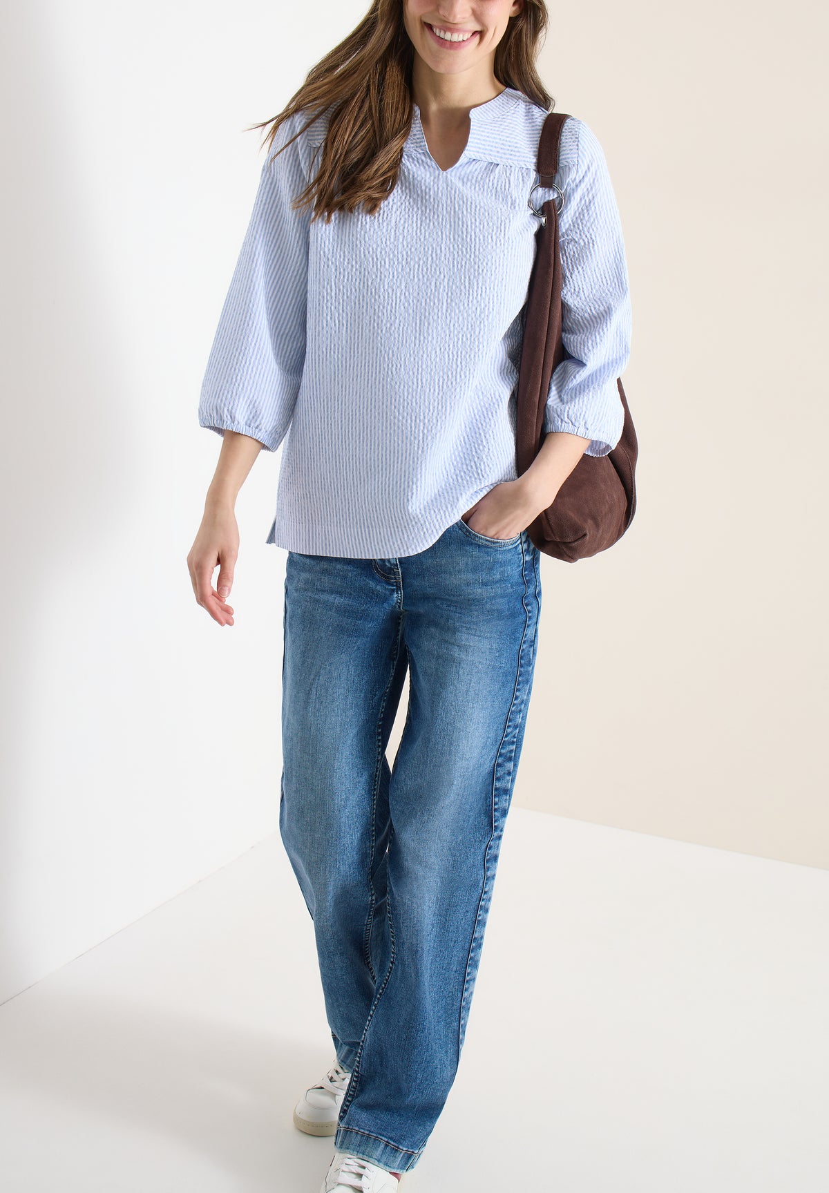 3/4-Arm Bluse in Seersucker Qualität