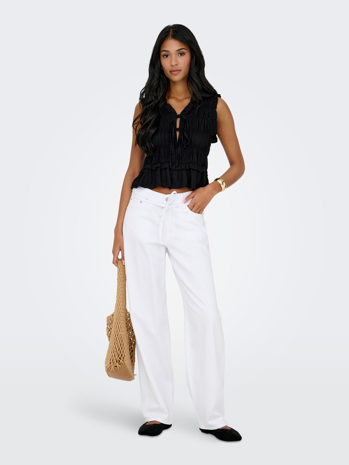 ONLGOA S/S LINEN BL FRILL TOP CC PNT
