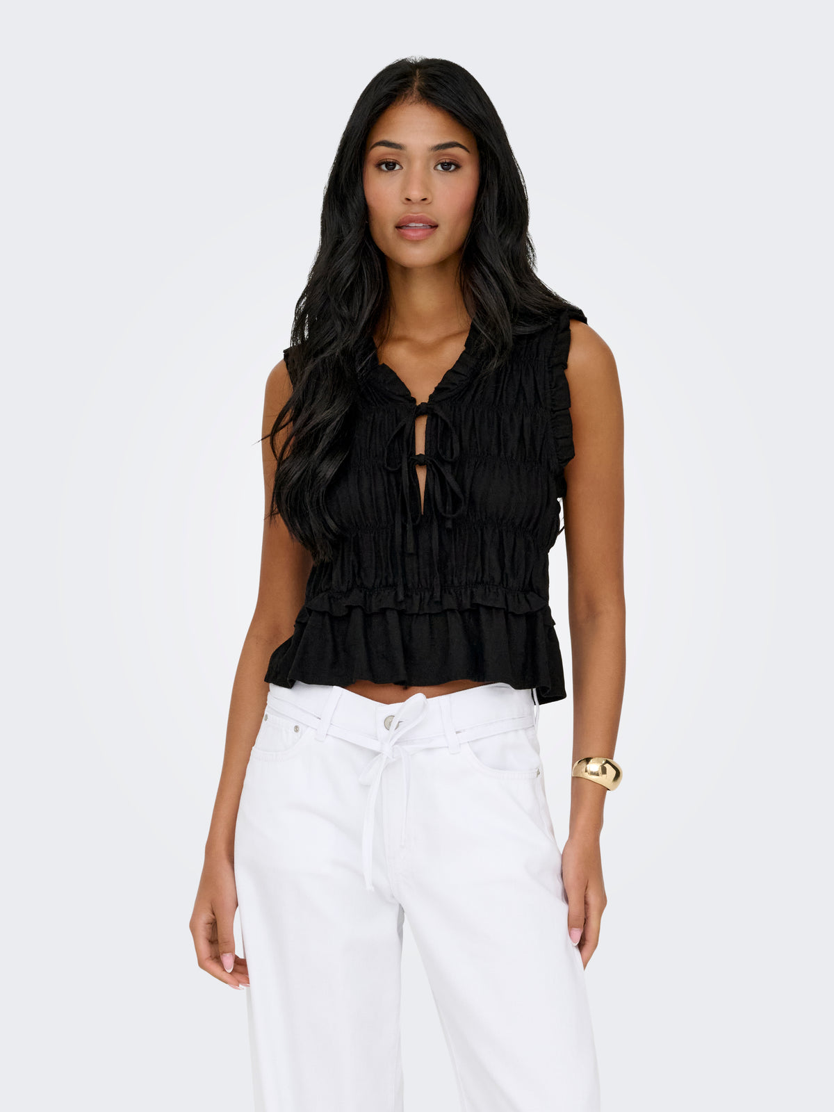 ONLGOA S/S LINEN BL FRILL TOP CC PNT