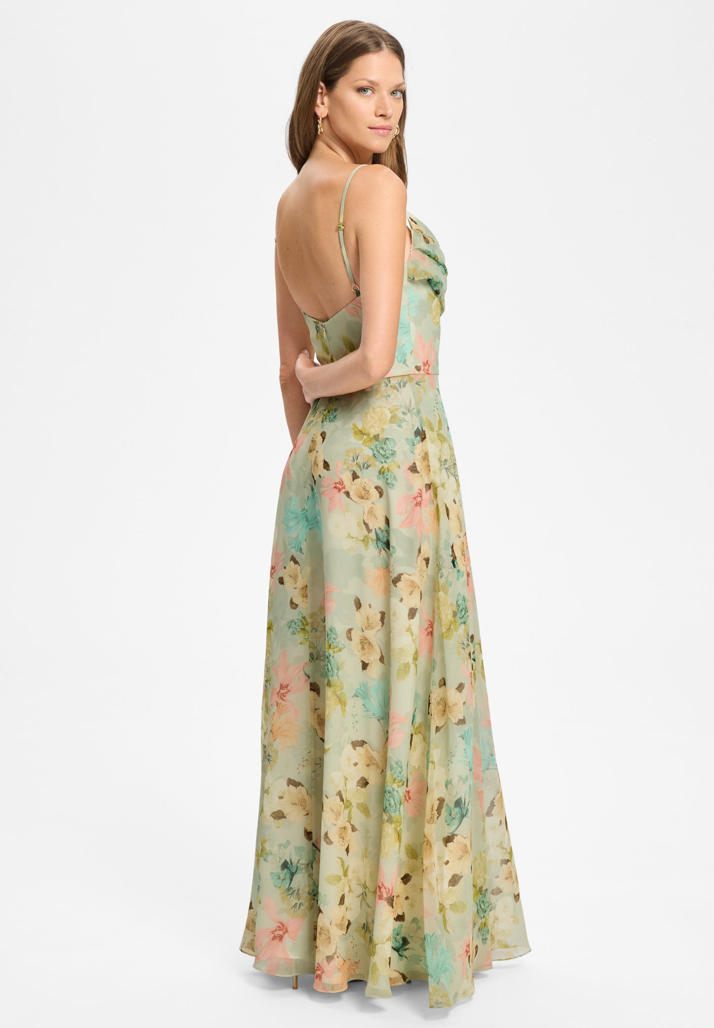 Abendkleid aus floral bedrucktem Chiffon mit Wasserfall-Ausschnitt und Beinschlitz