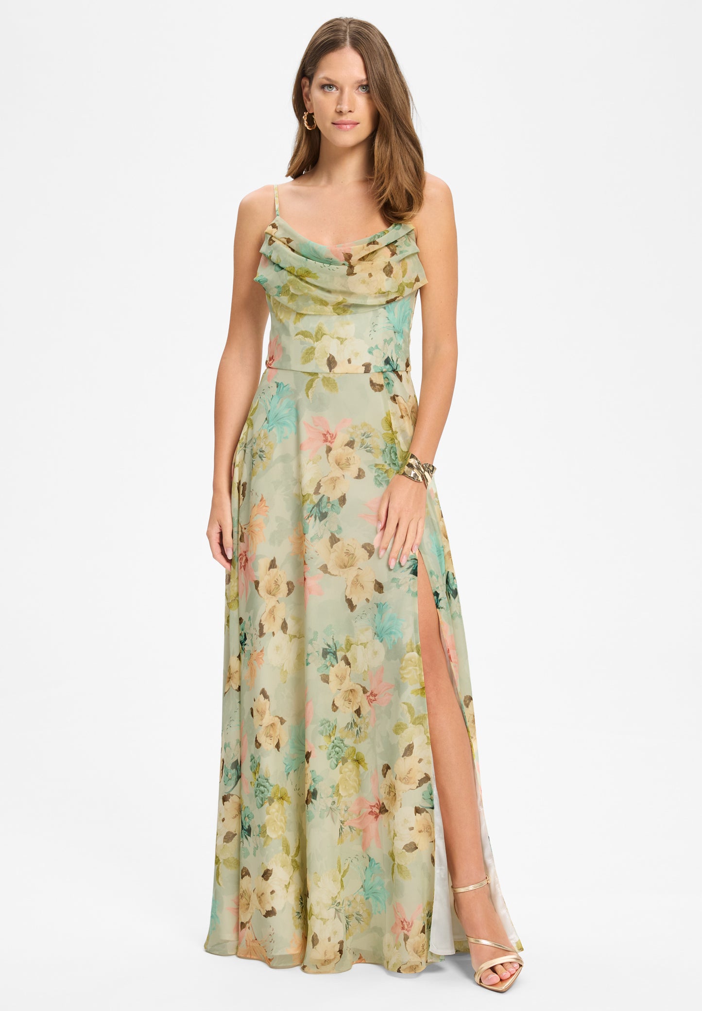 Abendkleid aus floral bedrucktem Chiffon mit Wasserfall-Ausschnitt und Beinschlitz