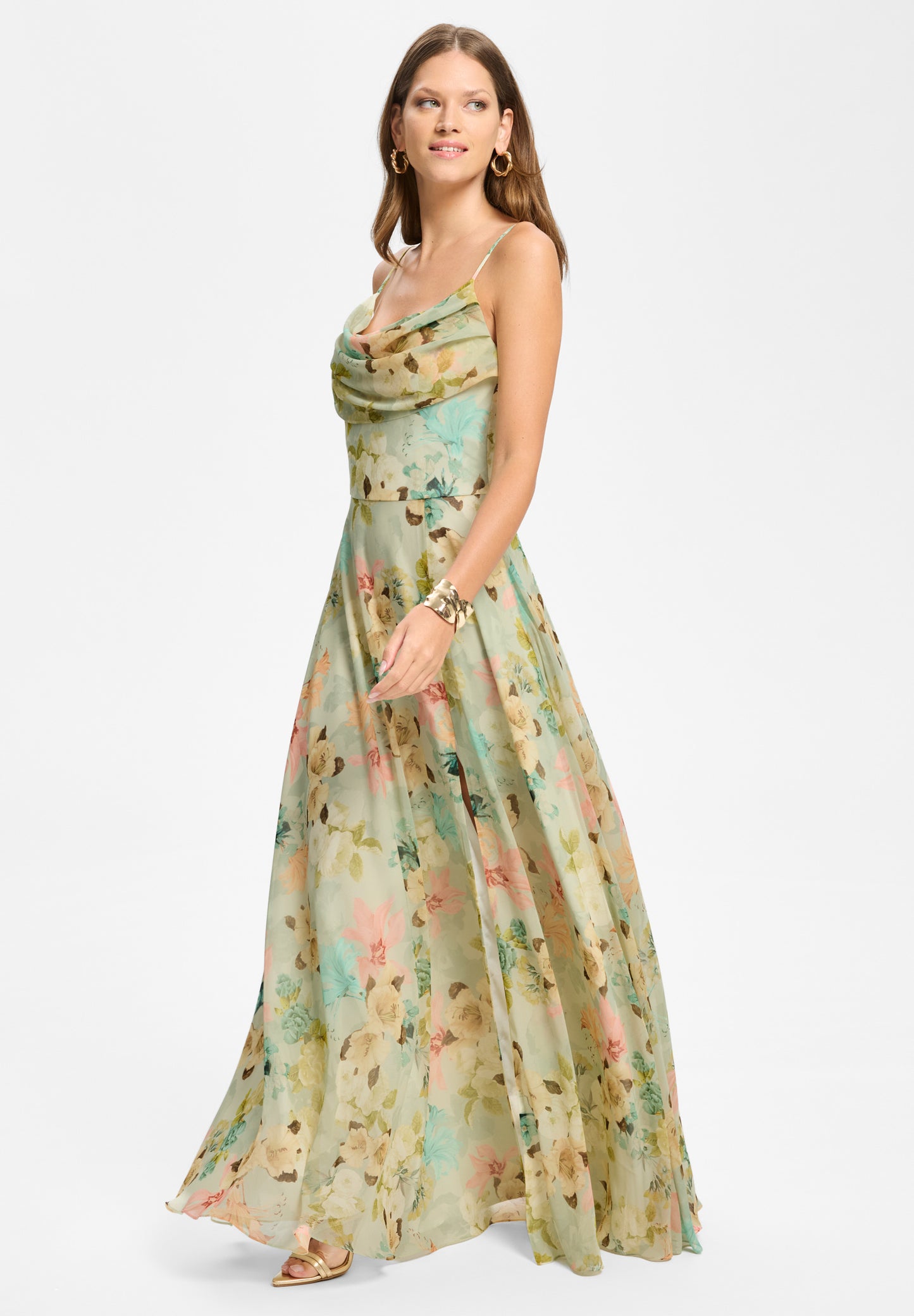 Abendkleid aus floral bedrucktem Chiffon mit Wasserfall-Ausschnitt und Beinschlitz