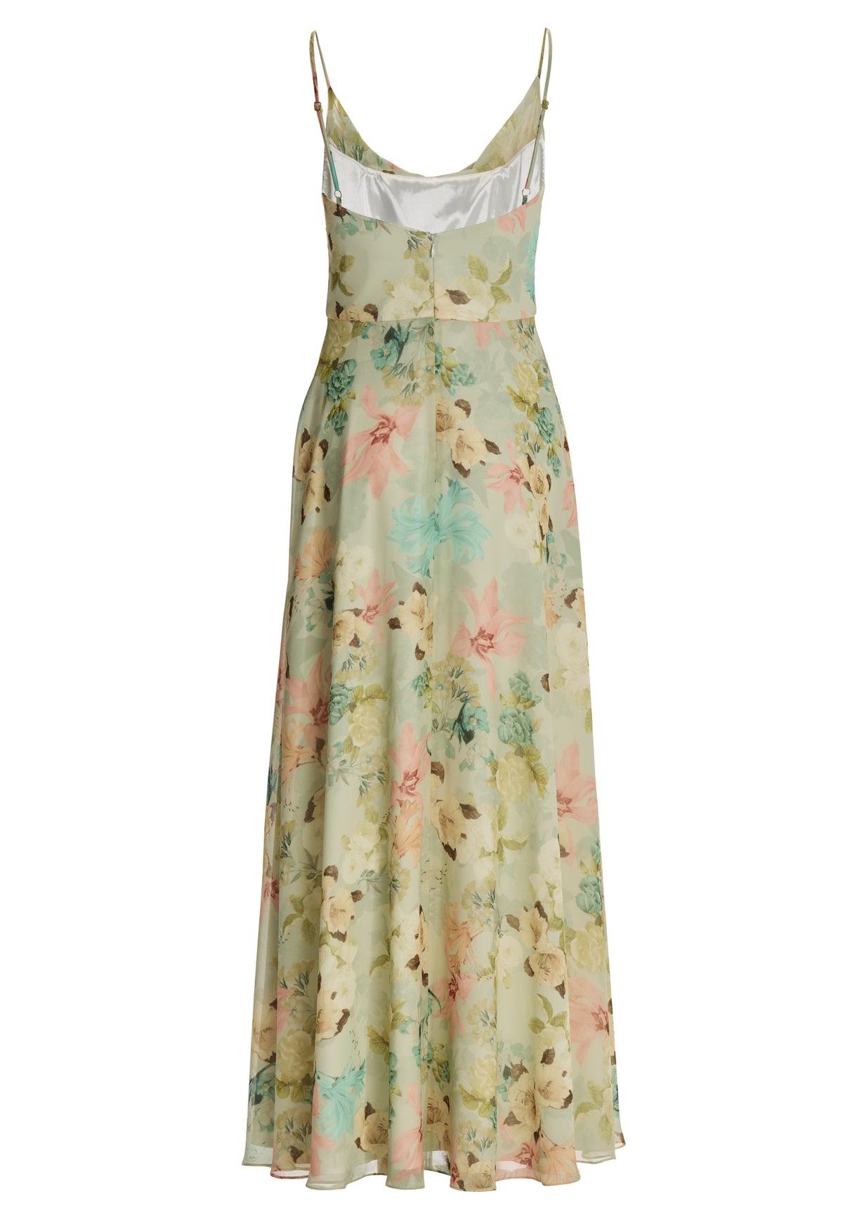 Abendkleid aus floral bedrucktem Chiffon mit Wasserfall-Ausschnitt und Beinschlitz