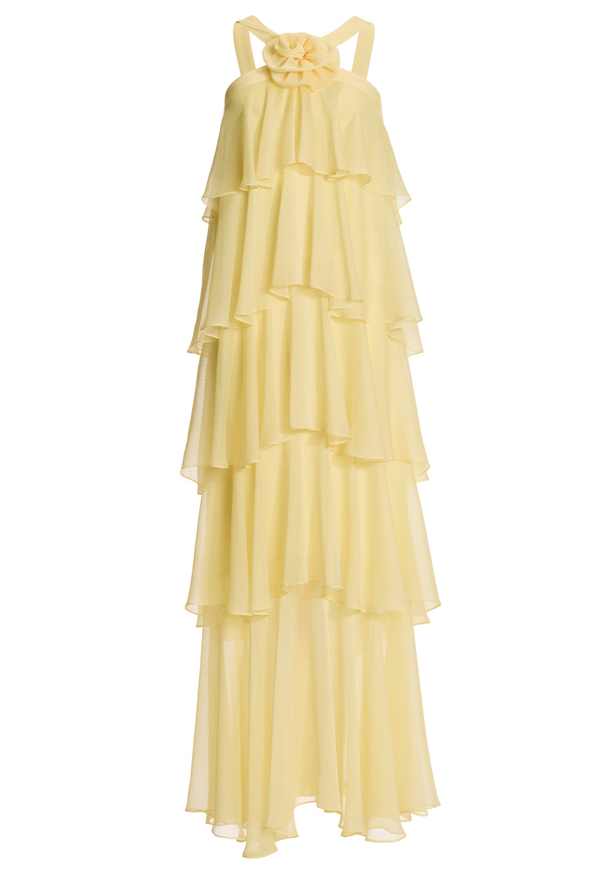Abendkleid aus Crinkle Chiffon mit gestuften Volants und Stoffblüte
