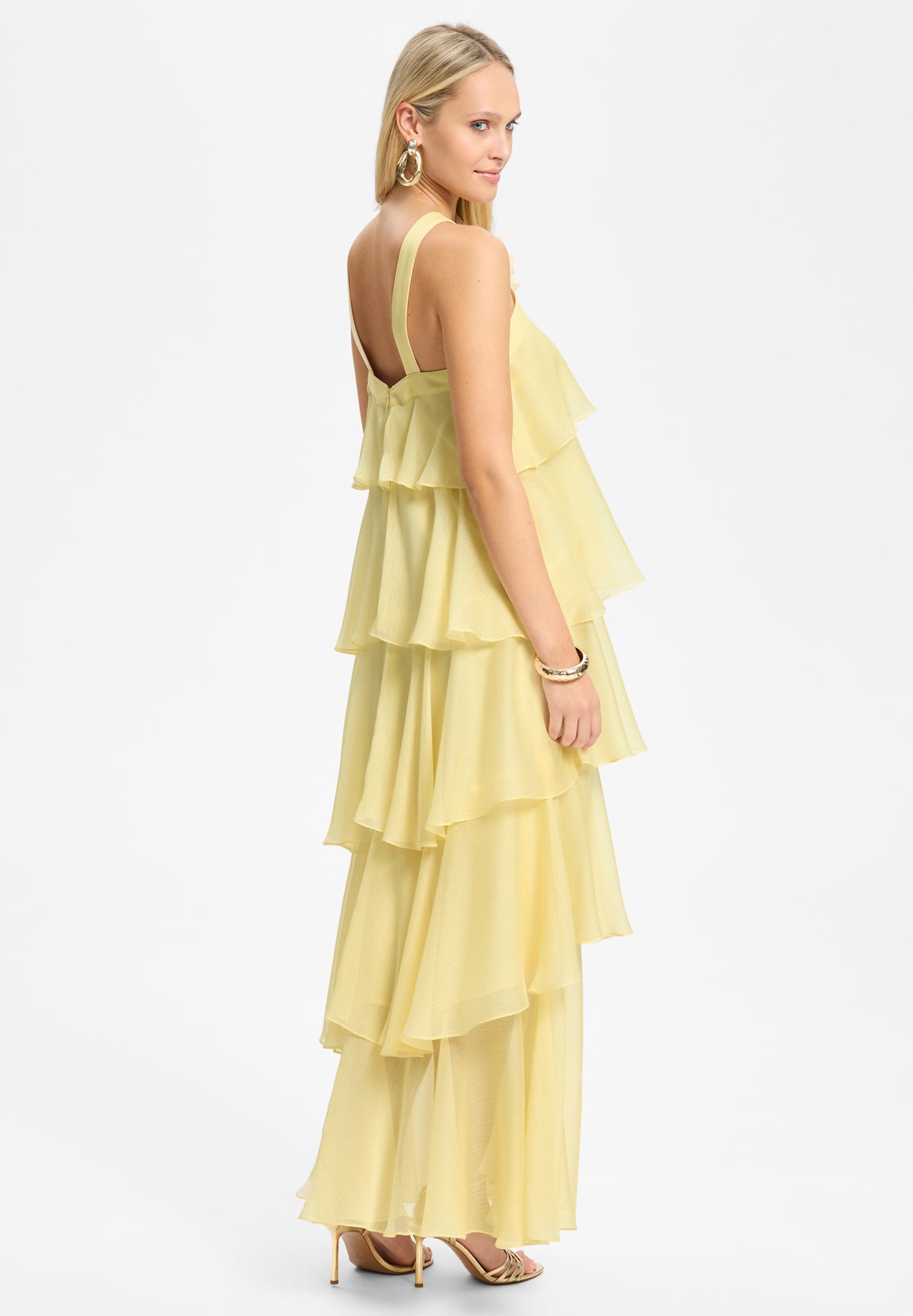Abendkleid aus Crinkle Chiffon mit gestuften Volants und Stoffblüte