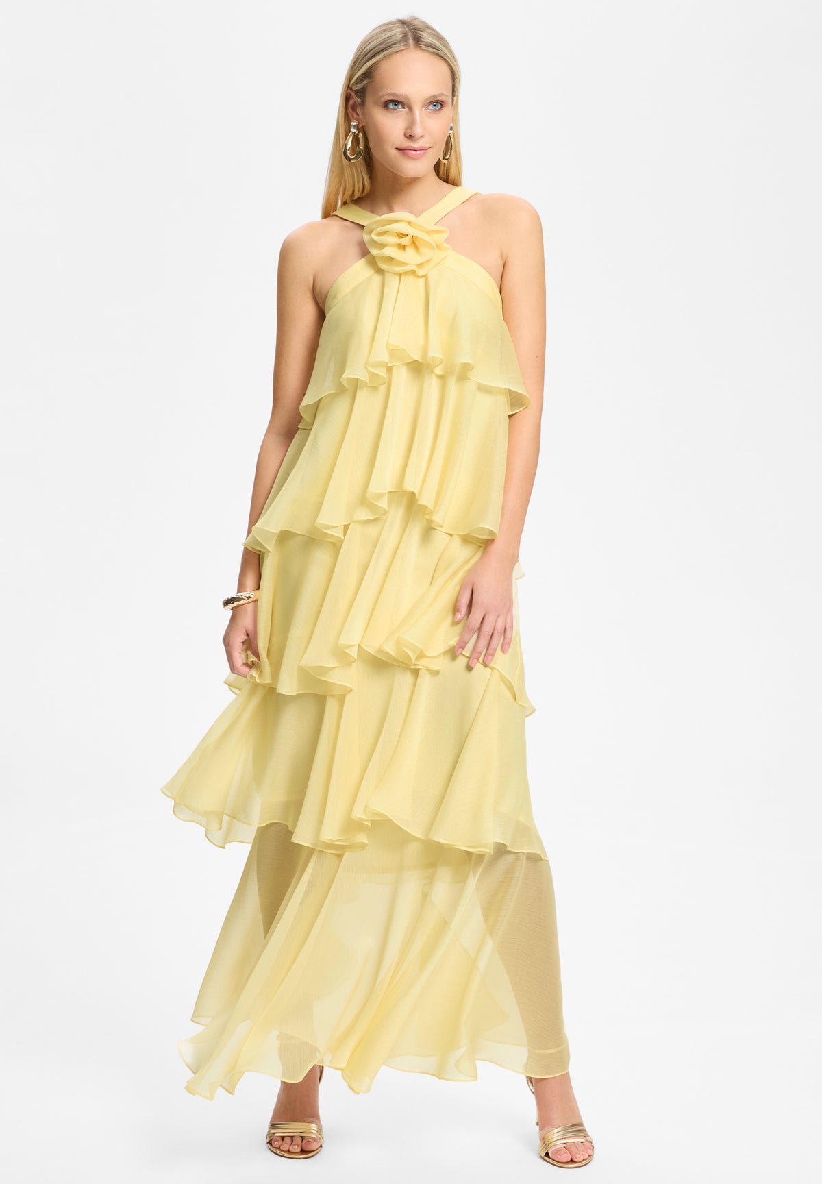 Abendkleid aus Crinkle Chiffon mit gestuften Volants und Stoffblüte