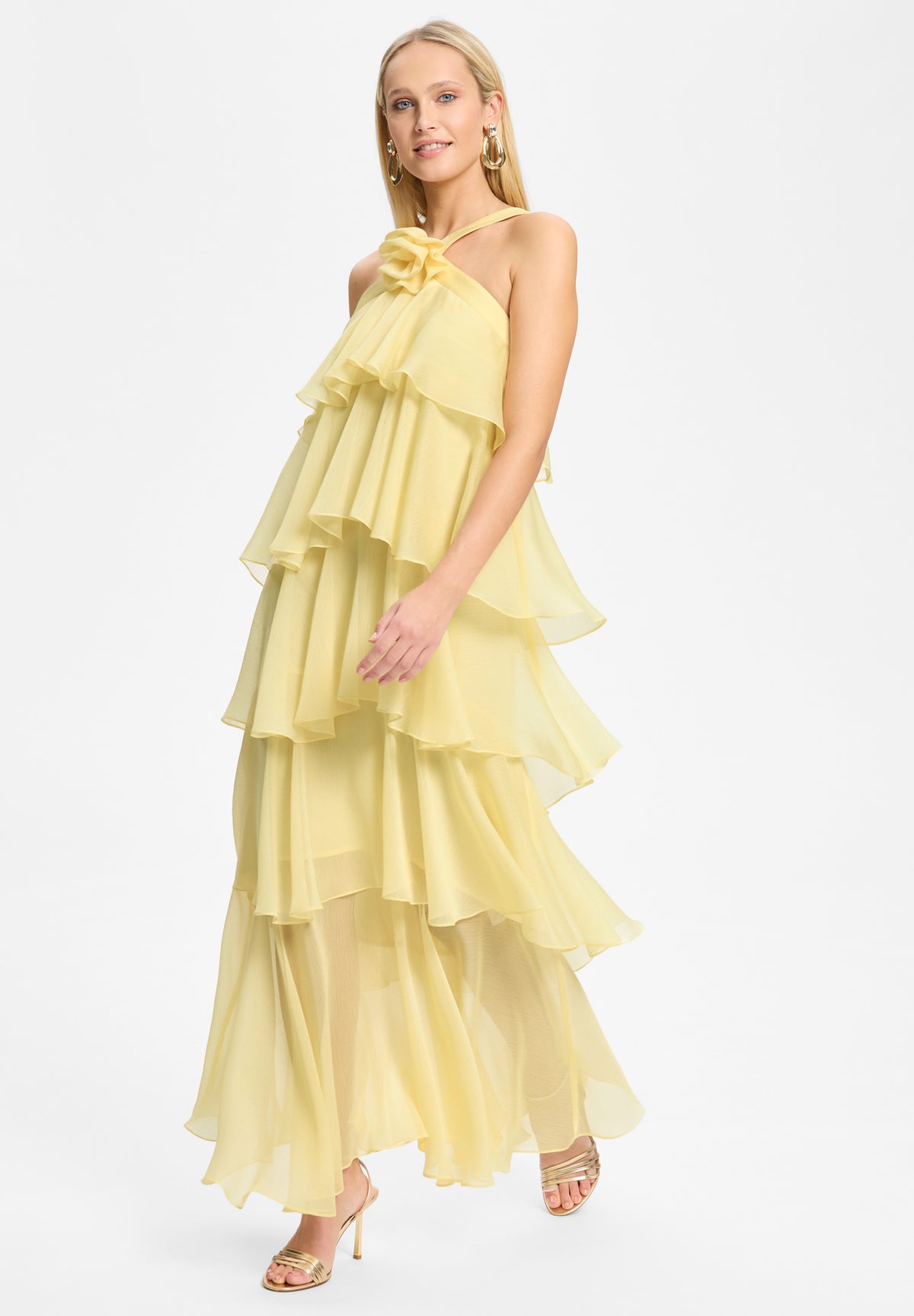 Abendkleid aus Crinkle Chiffon mit gestuften Volants und Stoffblüte