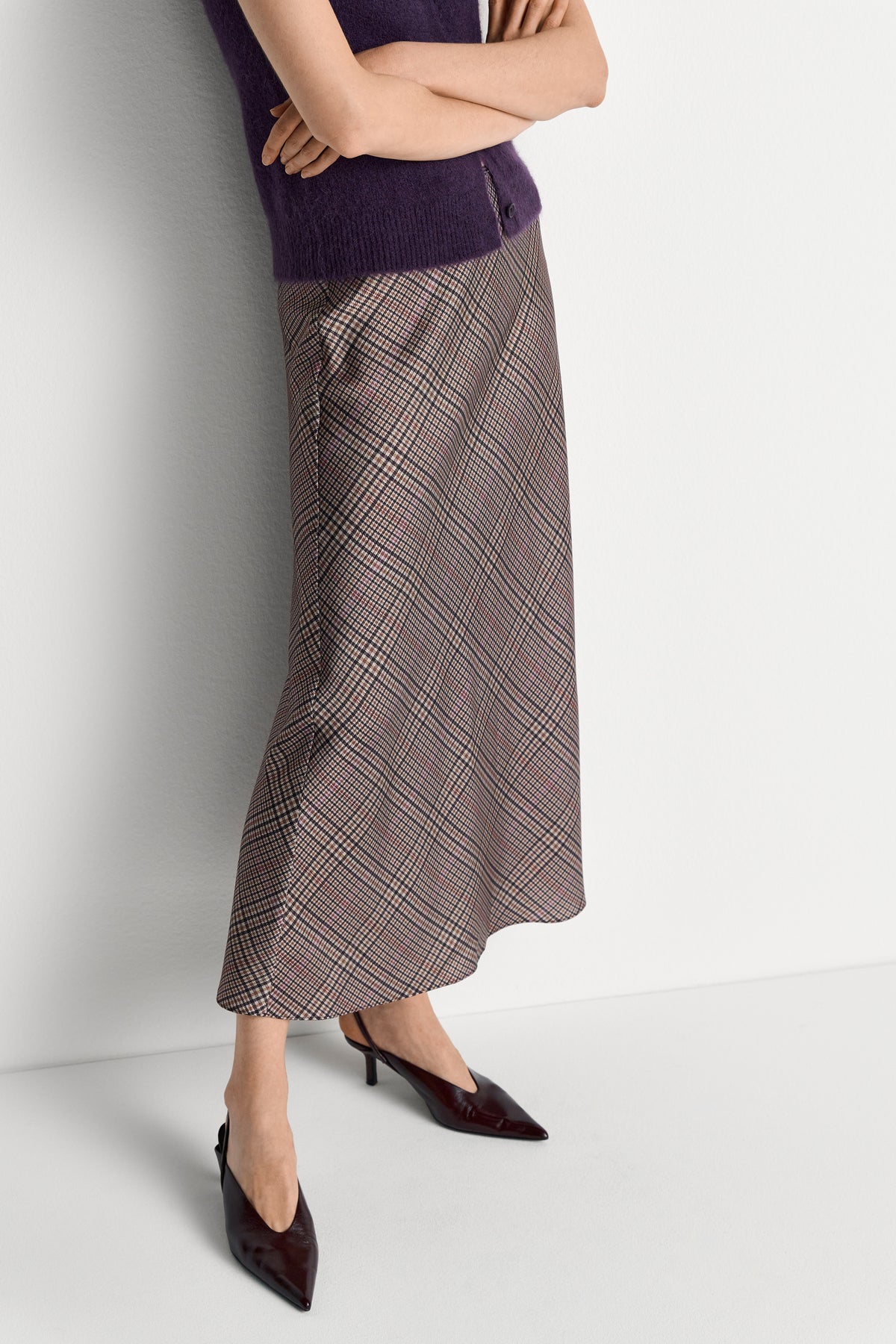 Printed Satin Midi Skirt with Check