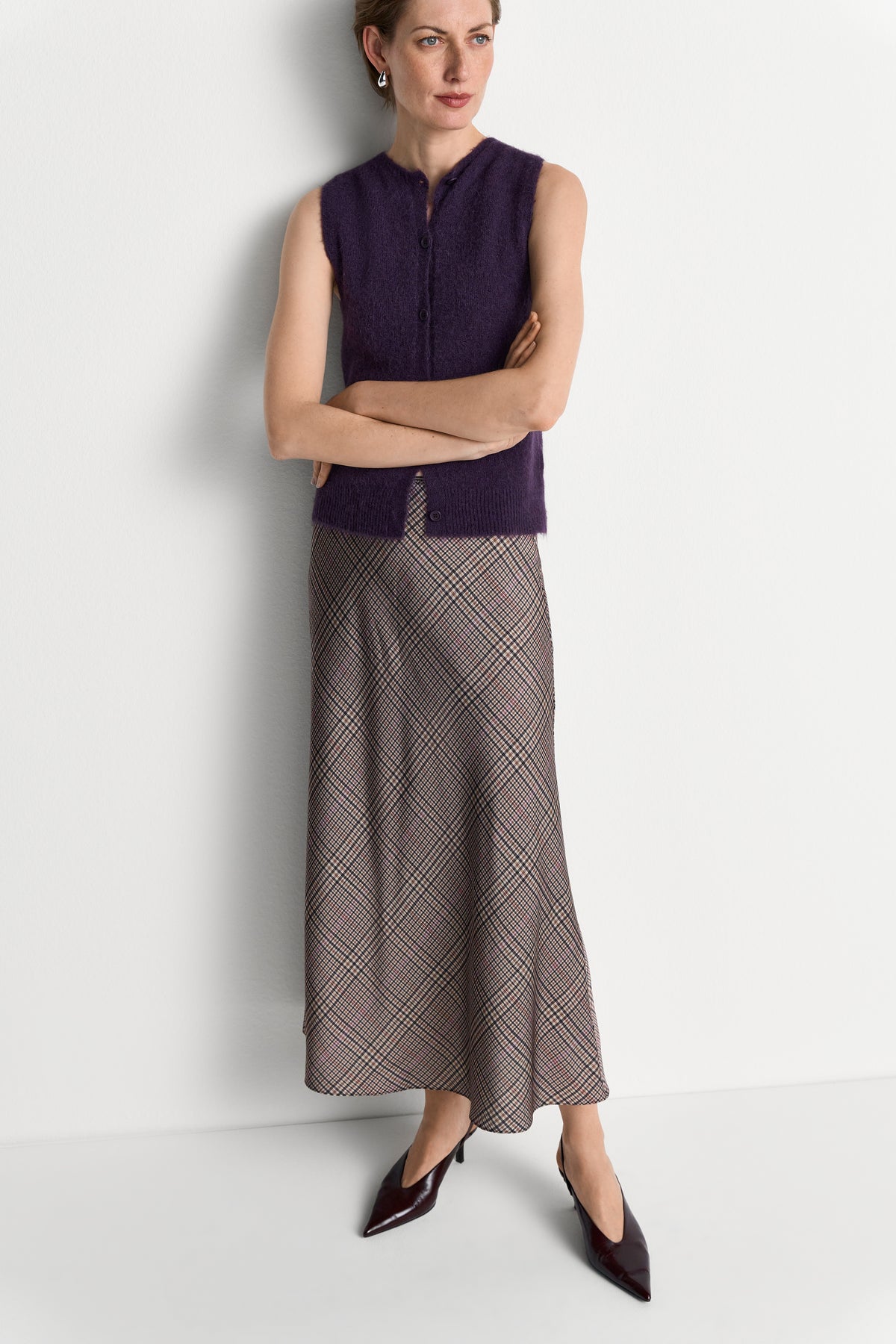 Printed Satin Midi Skirt with Check