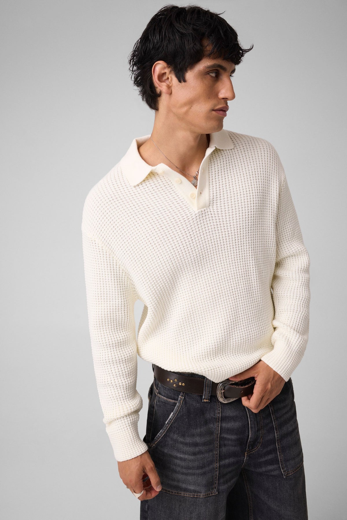 GJ LS WAFFLE POLO SWTR