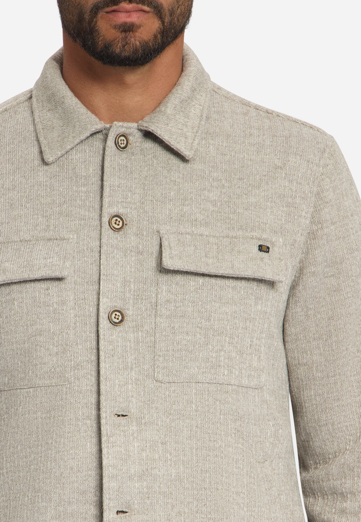 Overshirt Full Button Solid Jacquard Stripe Bottom and Chest Pockets
