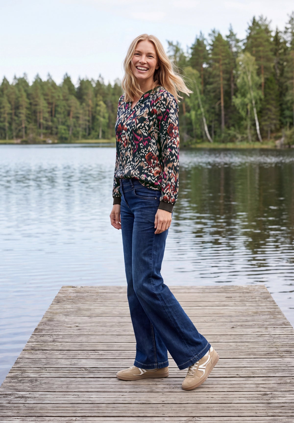 Langarm Bluse mit Split Neck und Print